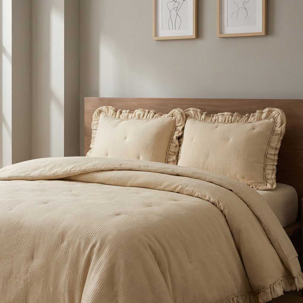 Ecobox Aloha Bej Çift Kişilik Fırfırlı Nevresim Takımı 200 x 220 cm