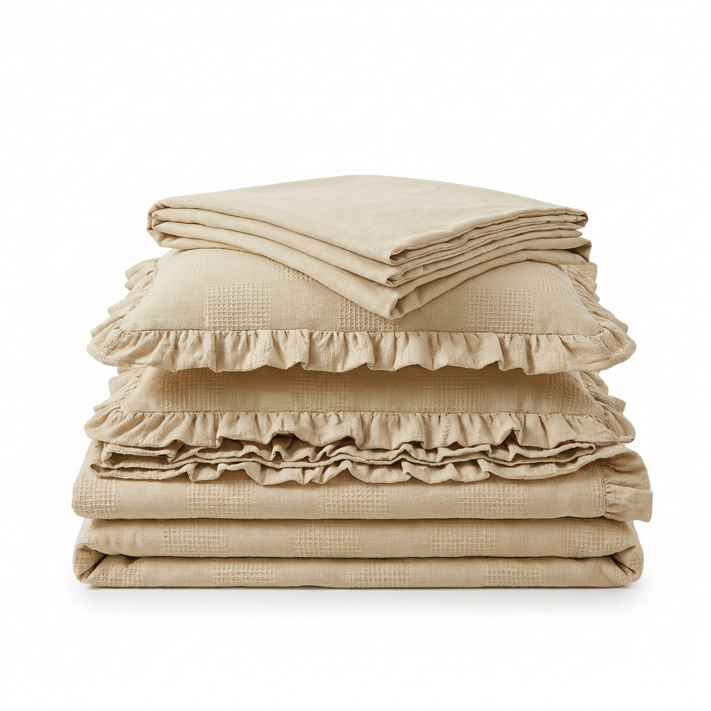 Ecobox Aloha Bej Çift Kişilik Fırfırlı Nevresim Takımı 200 x 220 cm