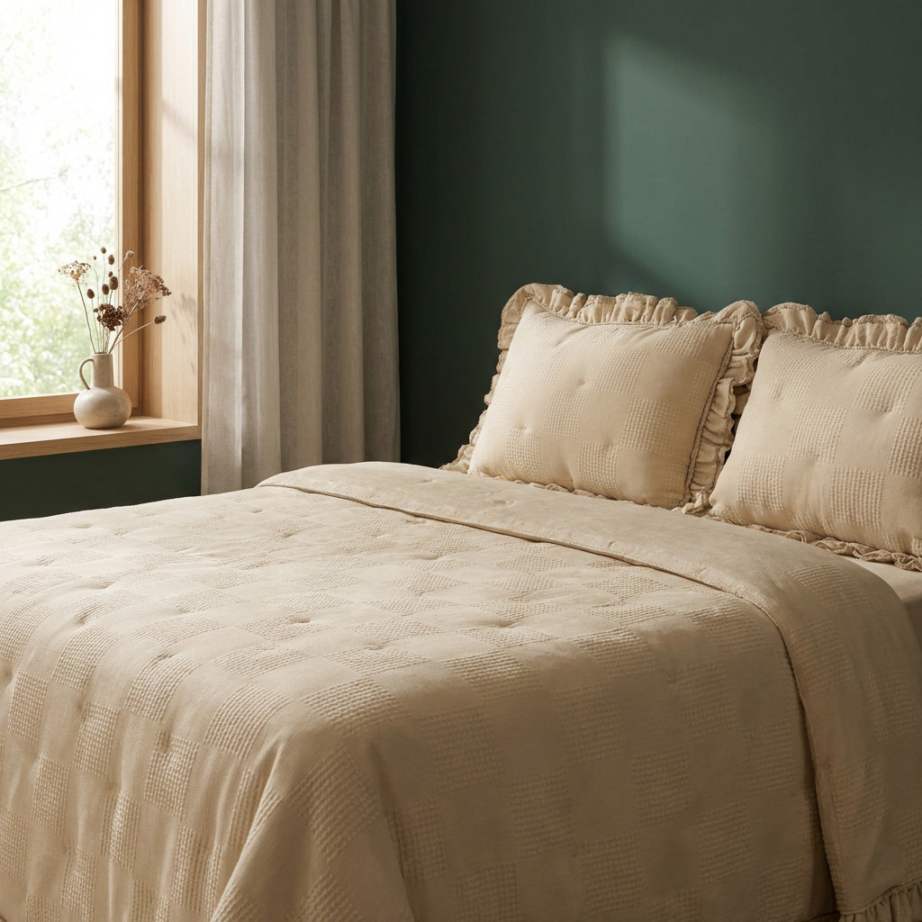 Ecobox Aloha Bej Çift Kişilik Fırfırlı Nevresim Takımı 200 x 220 cm