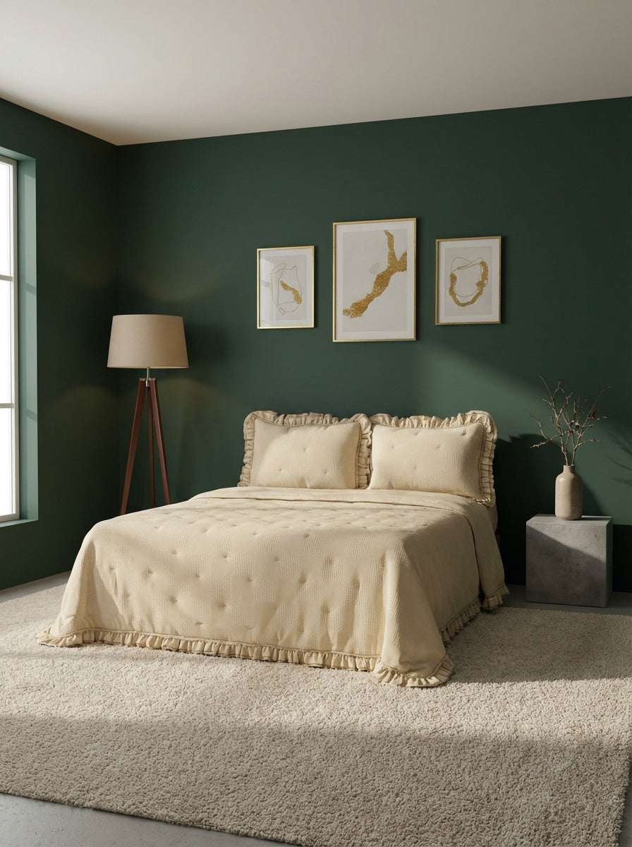 Ecobox Aloha Bej Çift Kişilik Fırfırlı Nevresim Takımı 200 x 220 cm