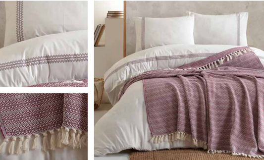 Naturel Nakışlı Mürdüm Nevresimli Pike Set