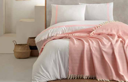 Naturel Nakışlı Somon Nevresimli Pike Set