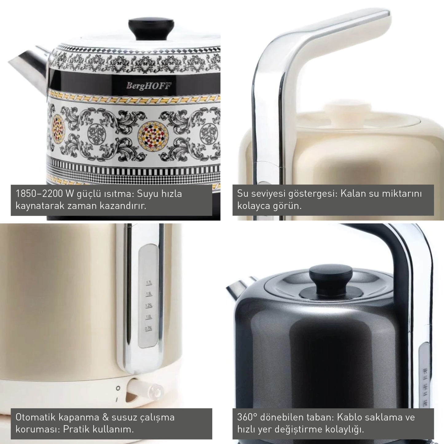 Berghoff Gem Metallic 1.7 Litre Koyu Gri Su Isıtıcısı