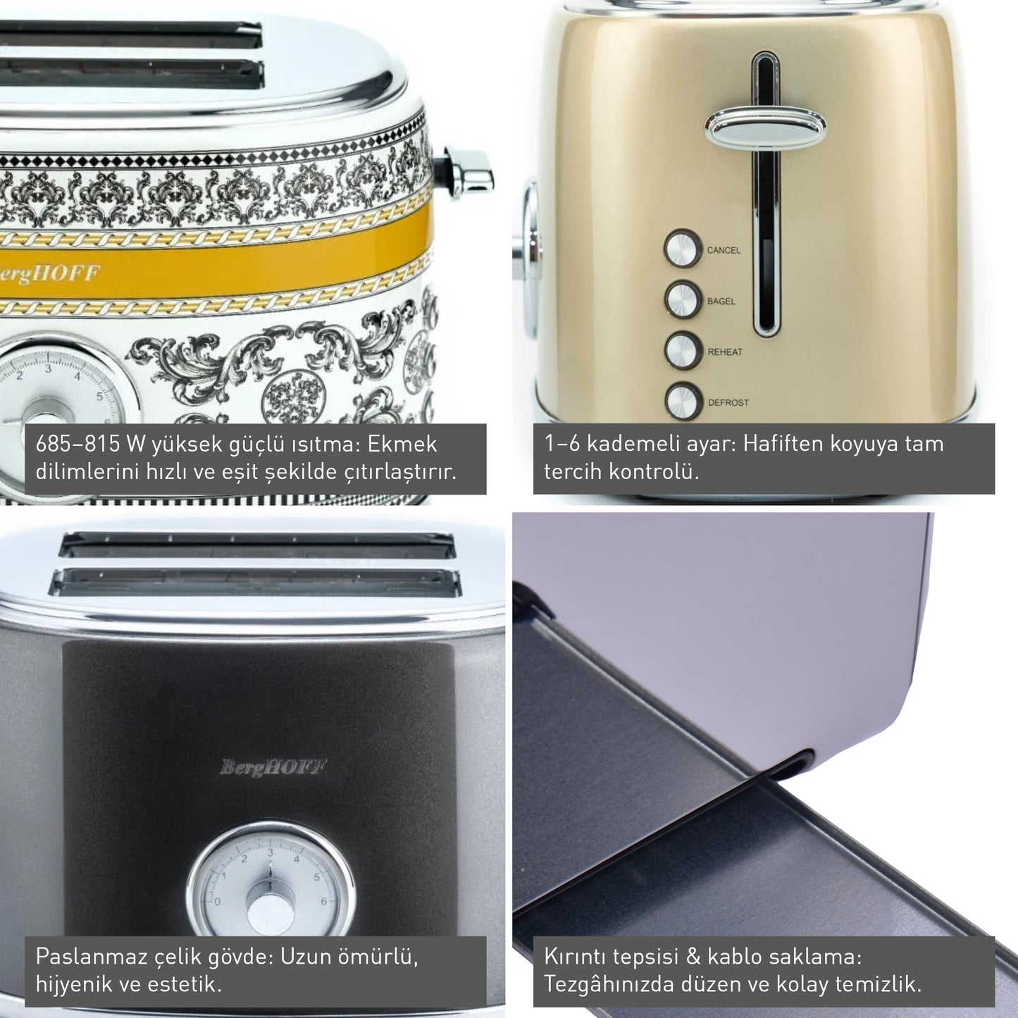 Berghoff Gem Metallic Gri İki Dilim Ekmek Kızartma Makinesi