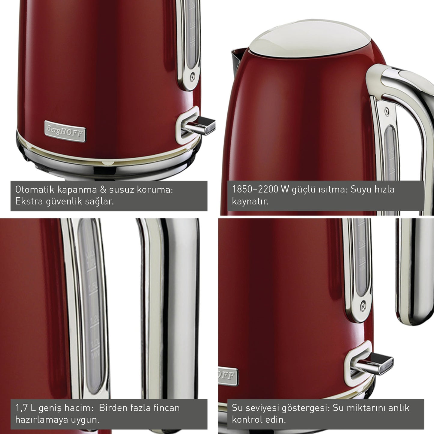 Berghoff Gem Retro 1.7 Litre Kırmızı Su Isıtıcısı