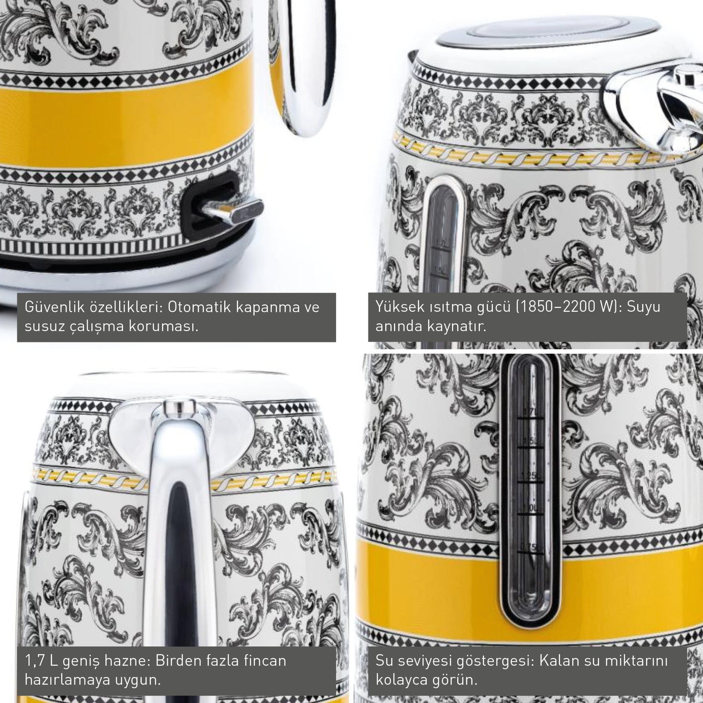 Berghoff Gem Royal Margery 1.7 Litre Sari Siyah Desenli Su Isıtıcısı