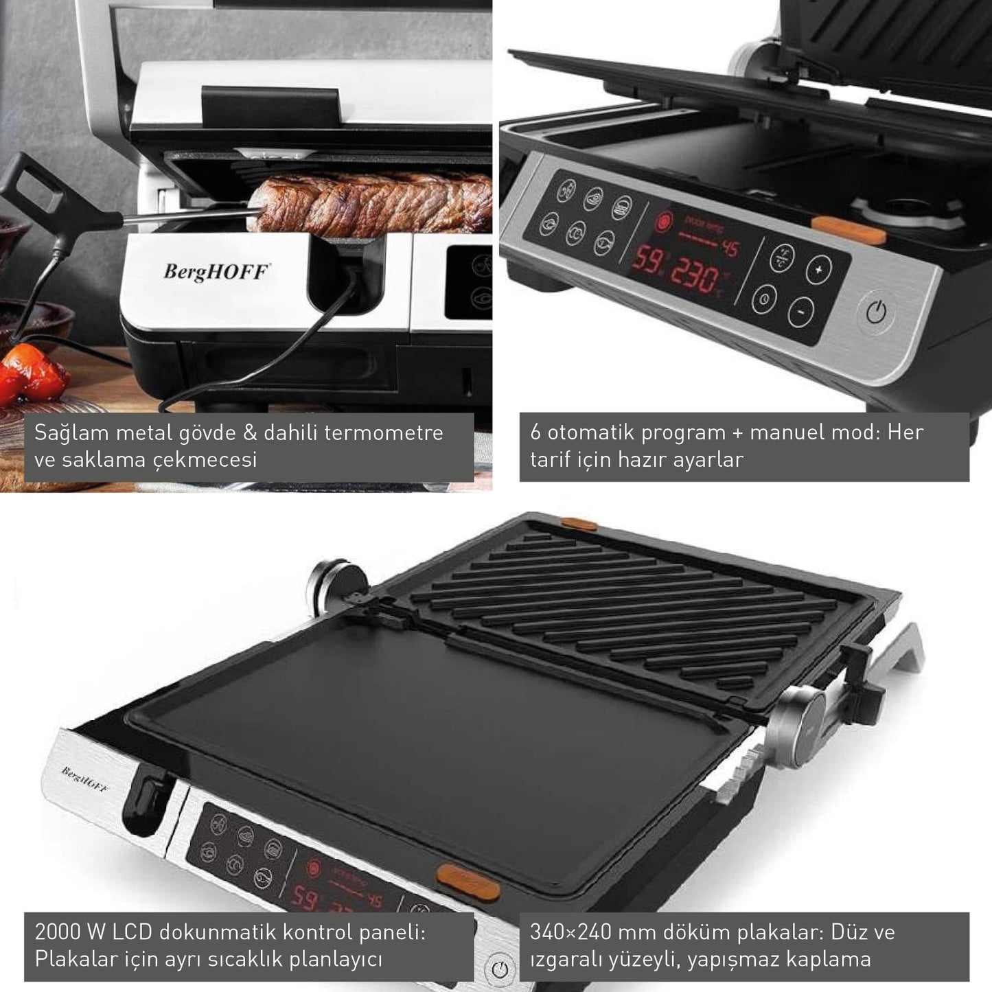 BergHOFF GEM TITAN PRO 6 Programlı Advanced Design Çelik Izgara ve Tost Makinesi