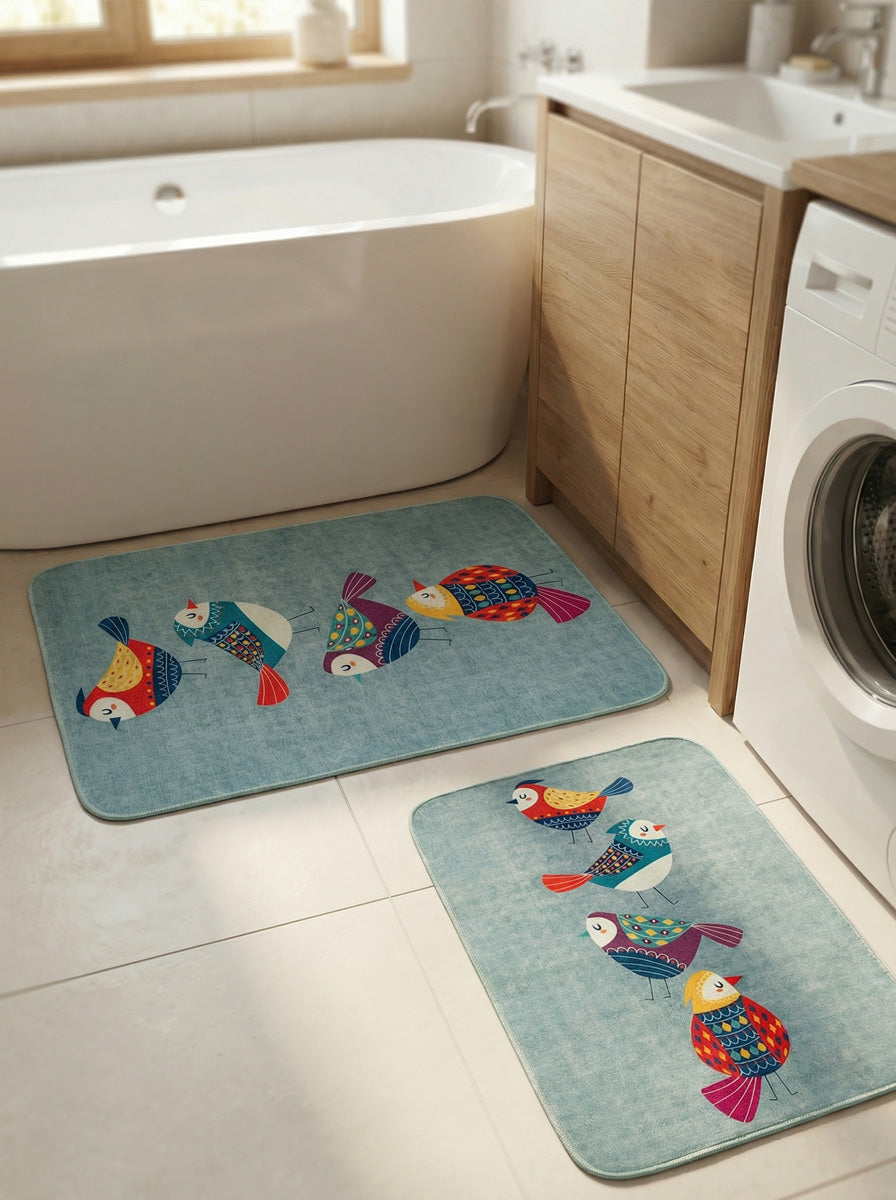 Ecobox Color Birds Banyo Paspası 2'li Takım Kaymaz Tabanlı – Emici Yüzeyli, Yıkanabilir Kullanım