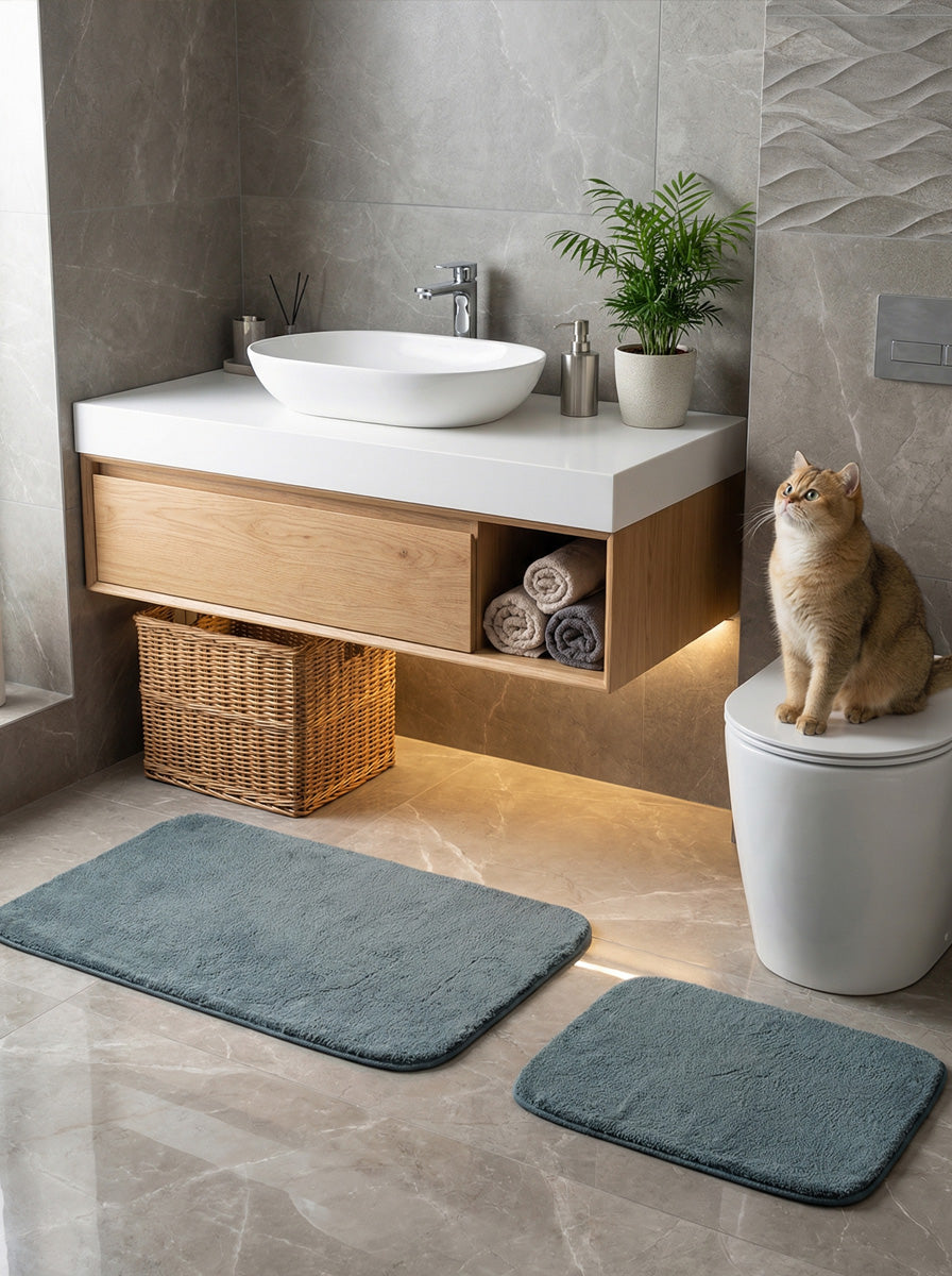 Ecobox Misto Banyo Paspası 2'li Takım Kaymaz Tabanlı – Emici Yüzeyli, Yıkanabilir Kullanım
