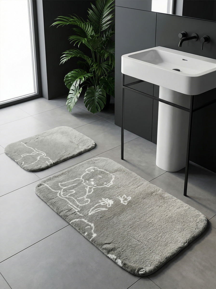 Ecobox Gray Banyo Paspası 2'li Takım Kaymaz Tabanlı – Emici Yüzeyli, Yıkanabilir Kullanım