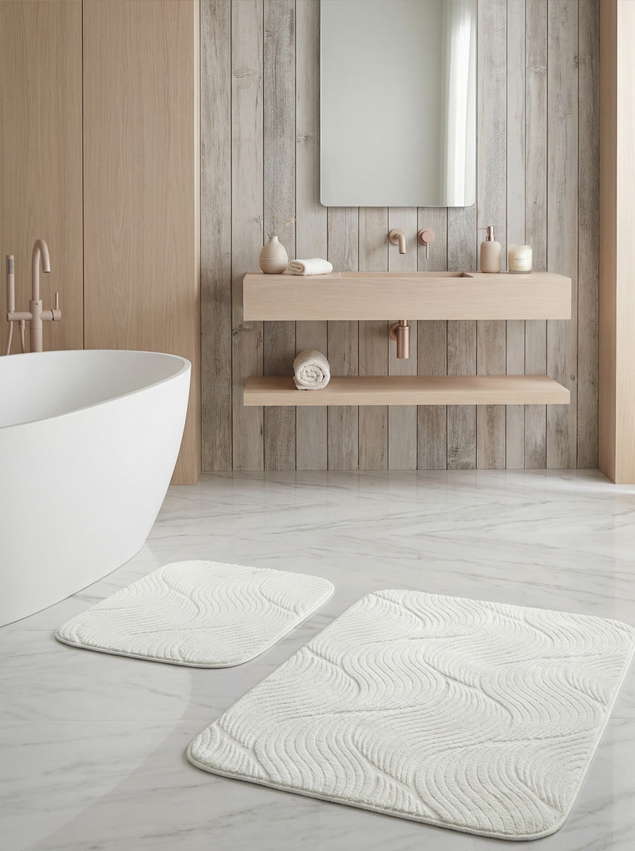 Ecobox Beyaz Banyo Paspası 2'li Takım Kaymaz Tabanlı – Emici Yüzeyli, Yıkanabilir Kullanım